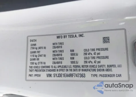 2024 Tesla Model 3 Long Range Dual Motor All-Wheel Drive/Rear-Wheel Drive z USA, uszkodzony, nr VIN 5YJ3E1EA4RF747363